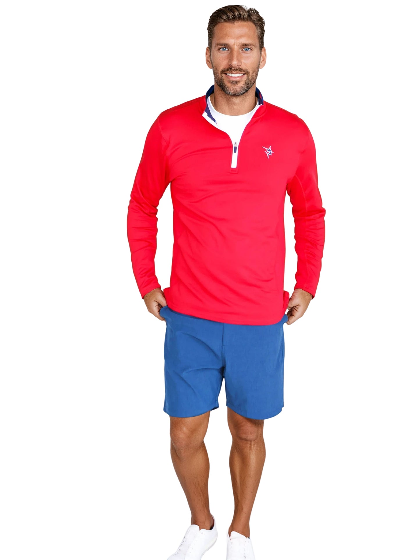 Montauk Quarter Zip Midweight Comfort red pullover by White Water Life with white zipper on Tampa Home & Garden Store