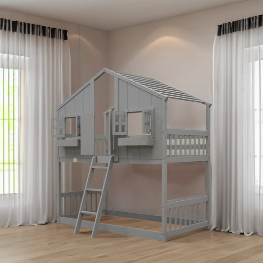Twin over twin house bunk bed grey with roof complete with ladder on Tampa Home & Garden Store