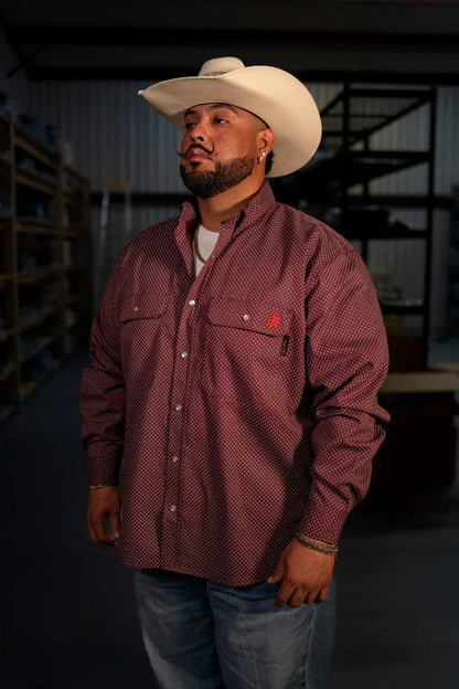 FR Pearl Snap Work Shirt Rustline by Static FR in rust-red shirt with two pockets and snaps on a man wearing a white cowboy hat on Tampa Home & Garden Store