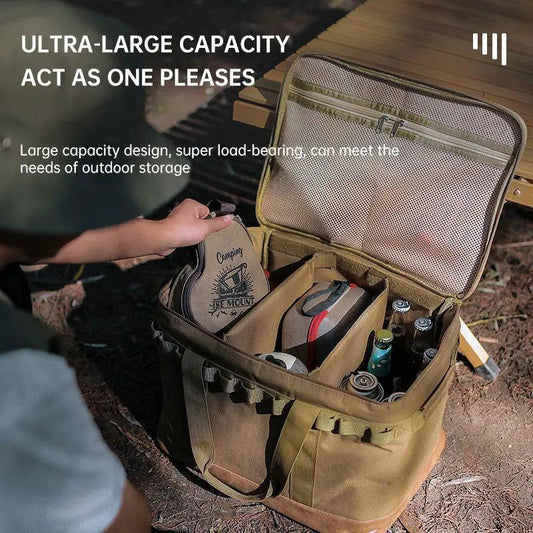Outdoor camping storage box for kitchen utensils, tan tote with divided compartments on Tampa Home & Garden Store