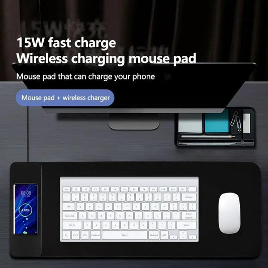 Wireless charging mouse pad 15W extra large black desk pad with white keyboard and mouse on Tampa Home & Garden Store