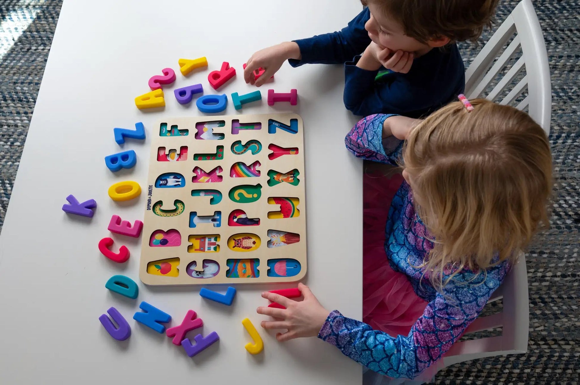 ABC Find & Fit Puzzle by Domino & Juliette; wooden letter board with colorful foam letters on Tampa Home & Garden Store