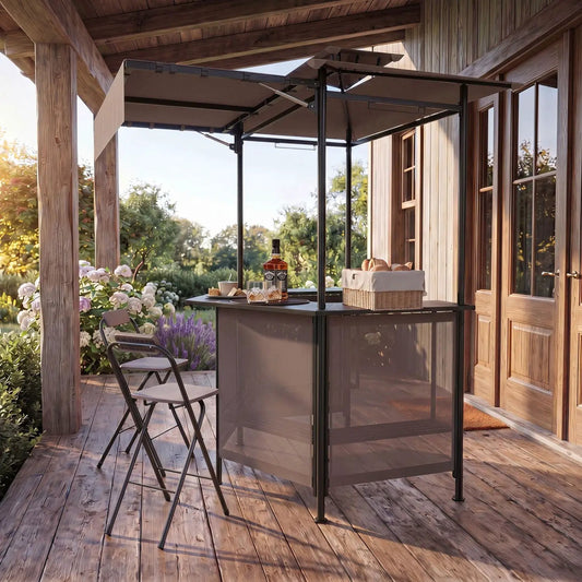 Grill Gazebo DirectDeals with shelves and hooks, double roof canopy, black metal frame on deck on Tampa Home & Garden Store