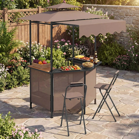 Grill Gazebo with Shelves, hooks and double roof canopy by DirectDeals in brown with seating on Tampa Home & Garden Store