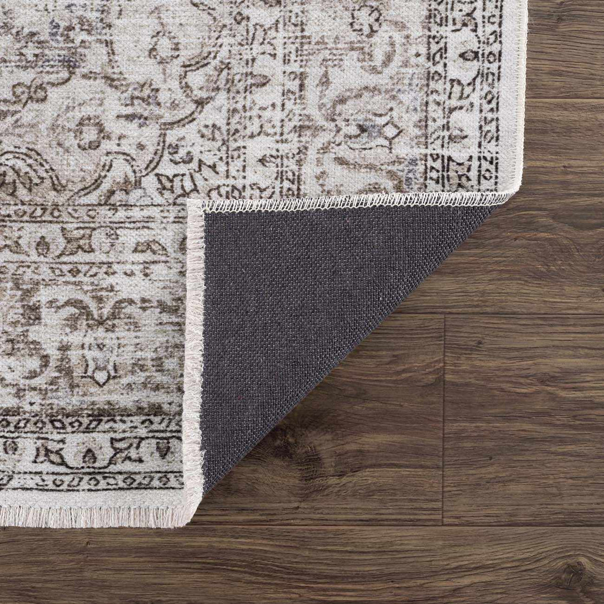 Pearl Holi-4601 washable area rug Boutique Rugs beige with brown pattern, fringed edges, backing on Tampa Home & Garden Store
