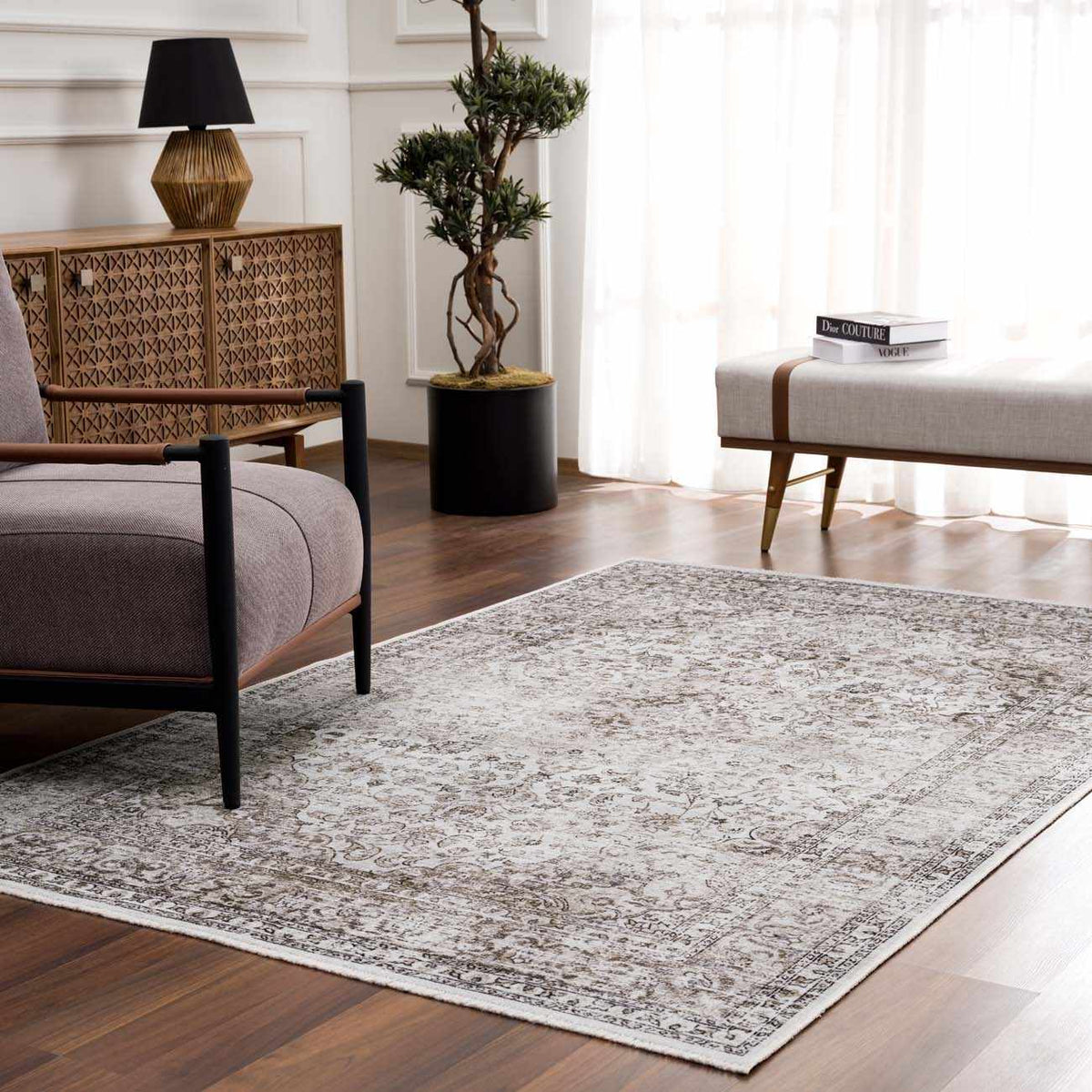 Pearl Holi-4601 washable area rug, light pearl-gray with vintage pattern, Boutique Rugs on Tampa Home & Garden Store