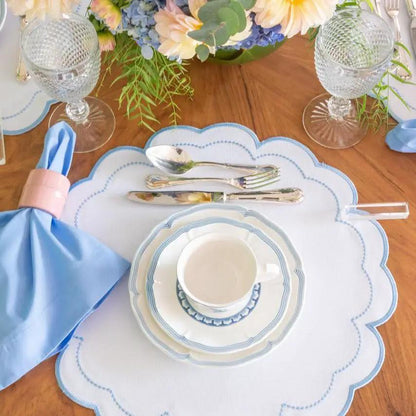 Waterproof Victoria placemat with Victorian border in white and blue by Talah Home on Tampa Home & Garden Store