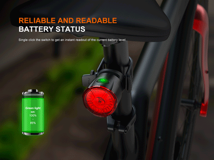 Bike light Fenix BC06R Smart-Brake taillight on rear bike with red lens and green power button on Tampa Home & Garden Store