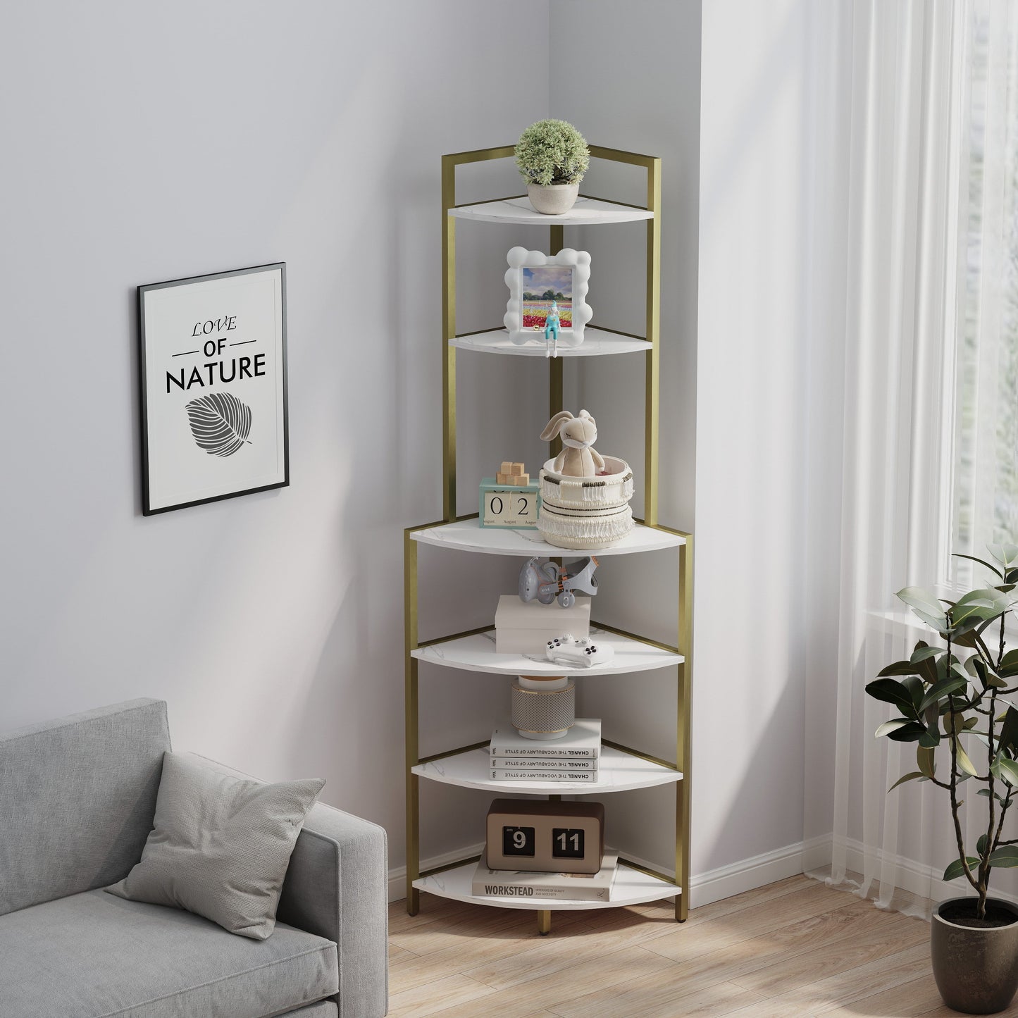 6-story corner open bookshelf, modern bookshelf, wooden frame, independent bookshelf unit, - Tampa Home & Garden Store