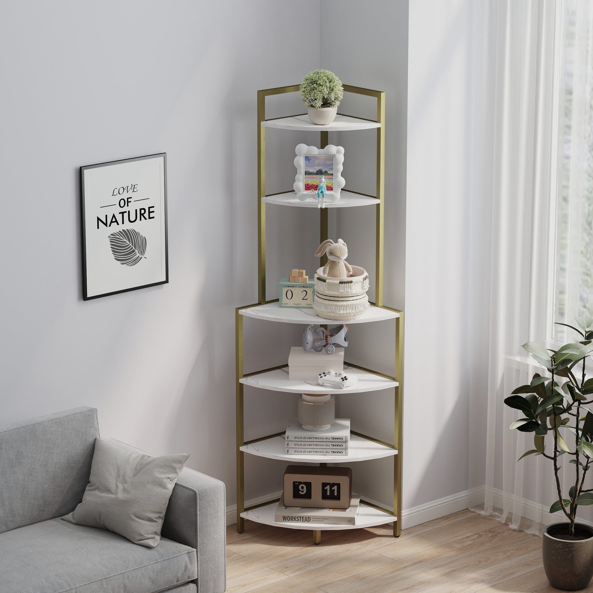 6-story corner open bookshelf, modern bookshelf, wooden frame, independent bookshelf unit, - Tampa Home & Garden Store