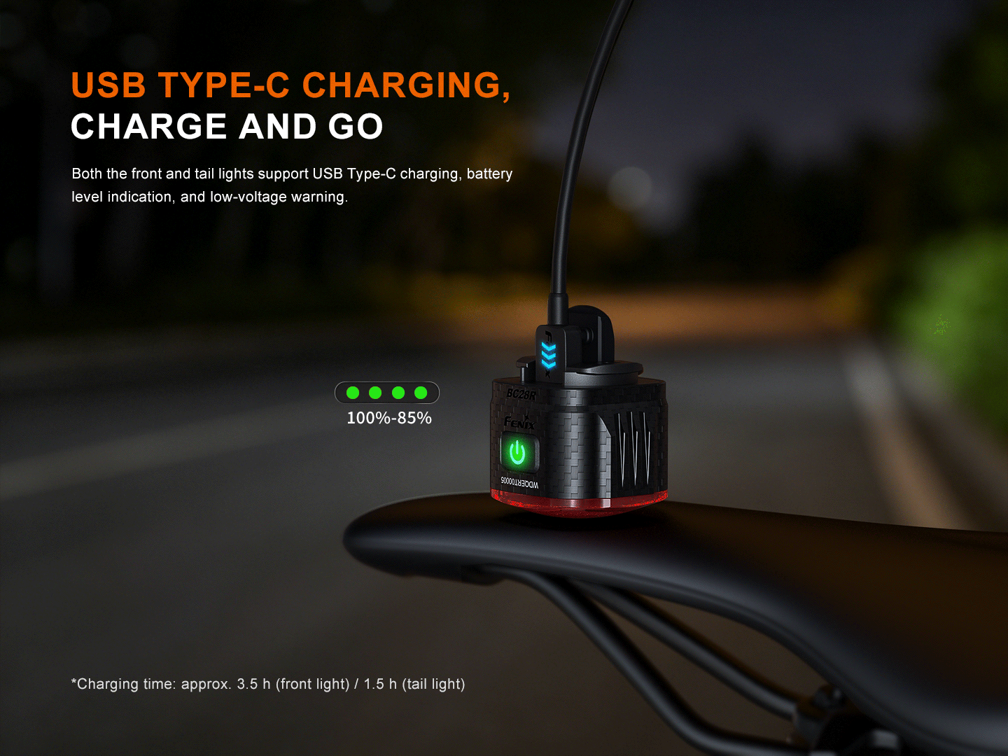 Fenix BC28R bike light set with black carbon body, blue charging indicator and green LEDs on Tampa Home & Garden Store