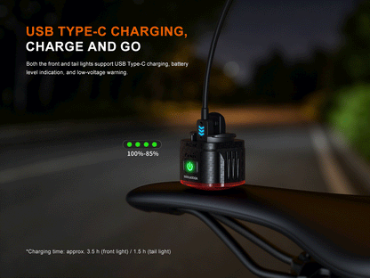Fenix BC28R bike light set with black carbon body, blue charging indicator and green LEDs on Tampa Home & Garden Store