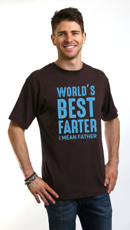Mens brown short sleeve T-shirt with blue World's Best Farter I Mean Father print Spun Bamboo on Tampa Home & Garden Store