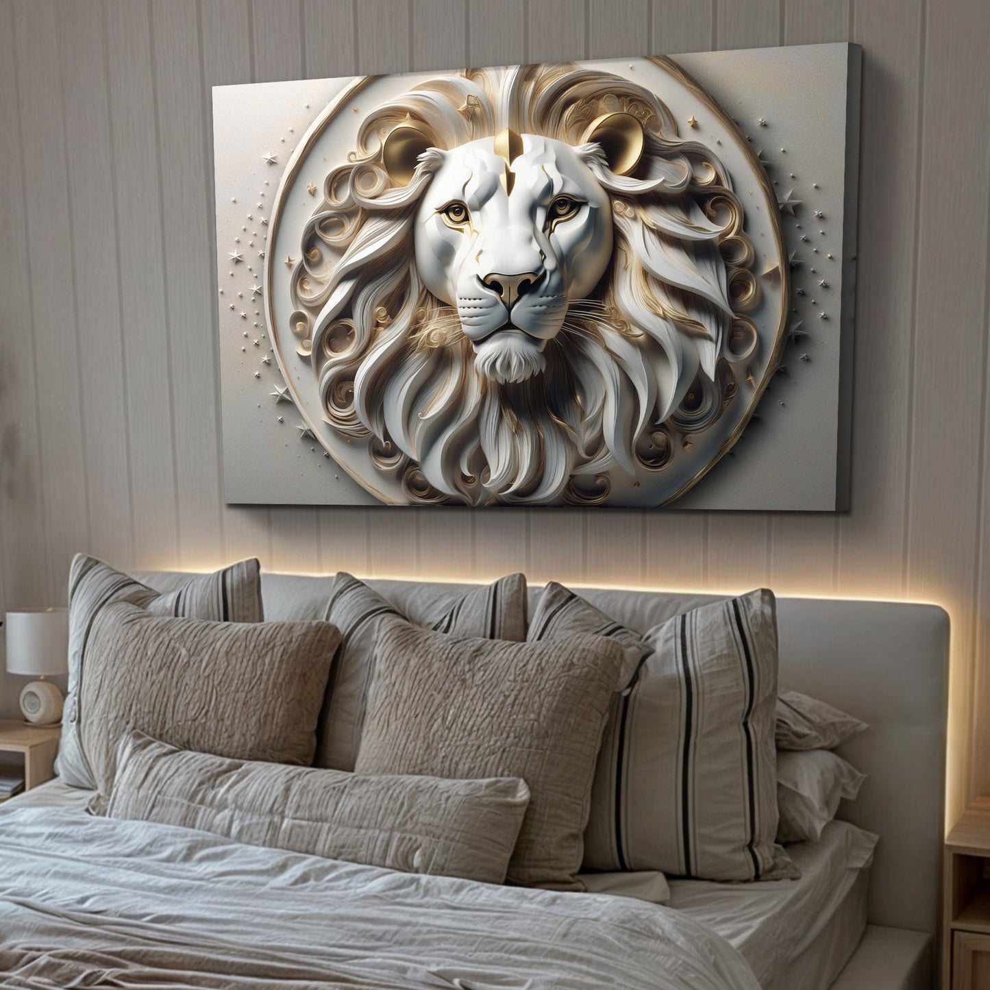3D Majestic Lion Wall Art VI canvas Tailored Canvases, white and gold lion medallion on Tampa Home & Garden Store