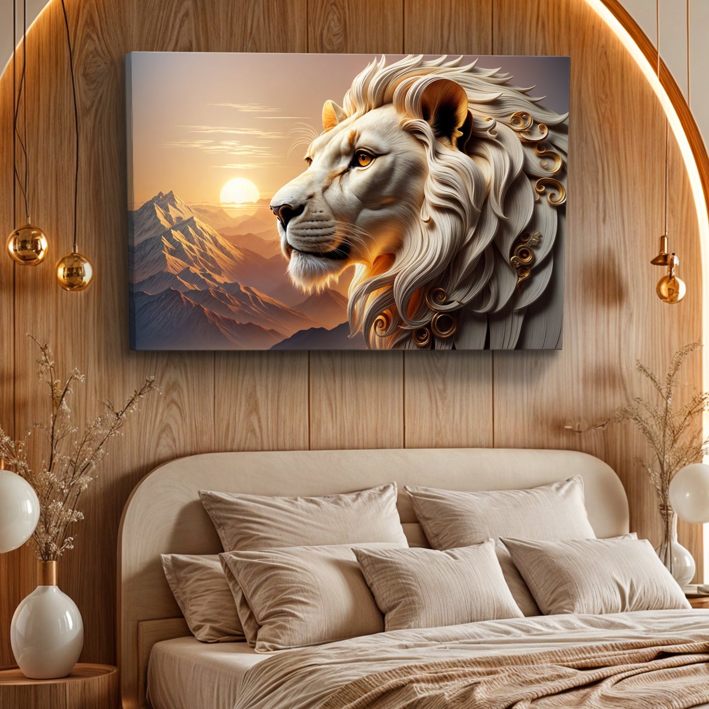 3D Majestic Lion Wall Art IV canvas by Tailored Canvases, white lion with flowing mane on Tampa Home & Garden Store