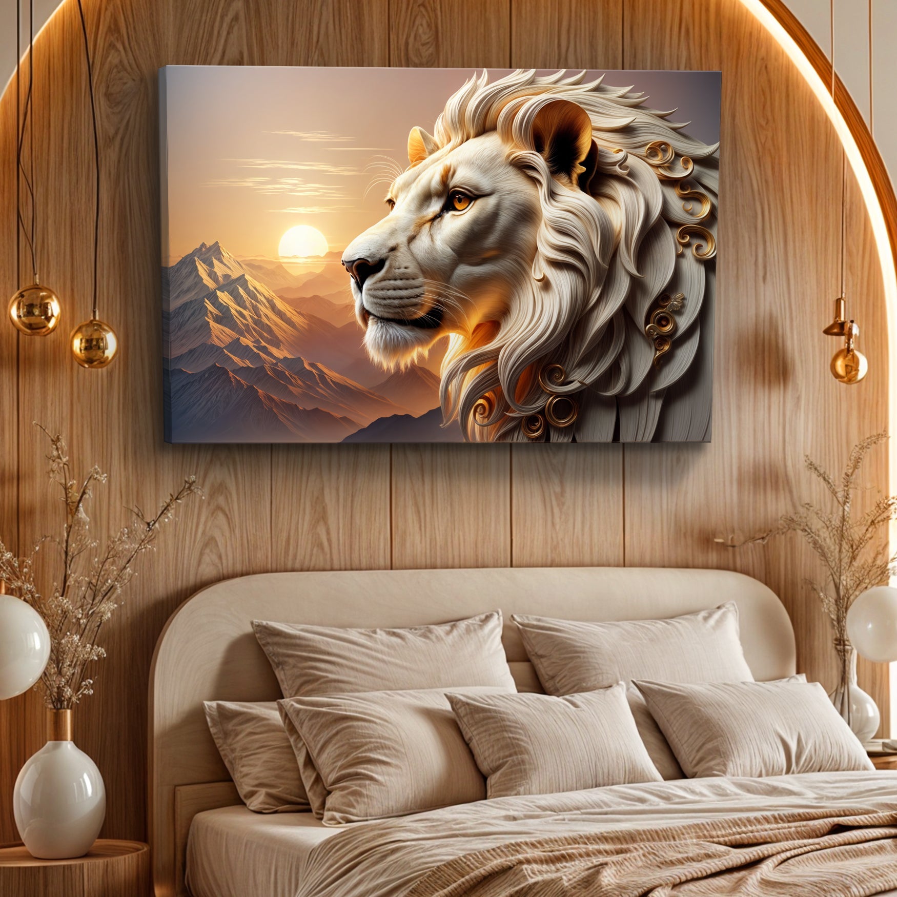 3D Majestic Lion Wall Art IV canvas by Tailored Canvases, white lion with flowing mane on Tampa Home & Garden Store