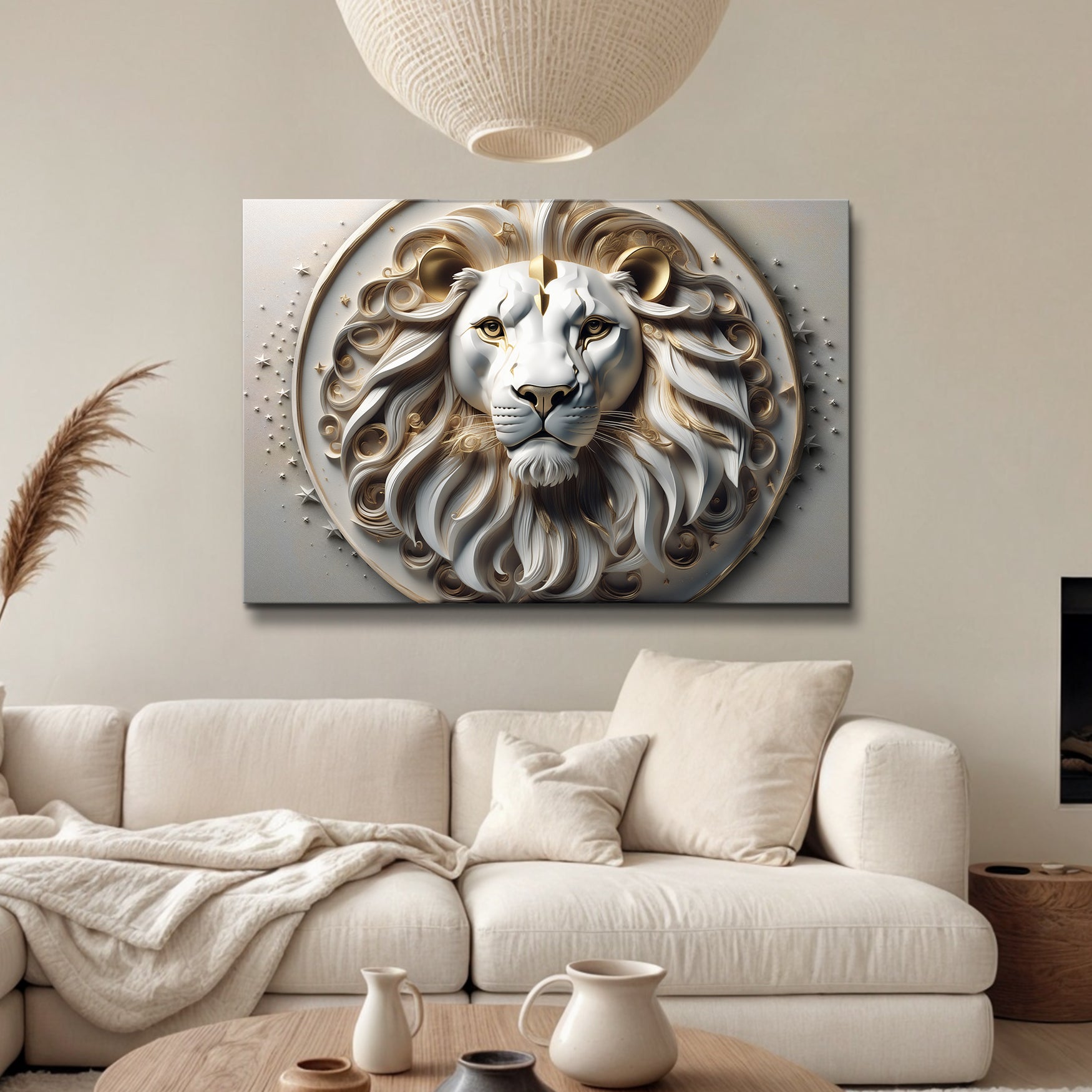 3D Majestic Lion Wall Art VI canvas by Tailored Canvases in cream and gold with sculpted mane on Tampa Home & Garden Store
