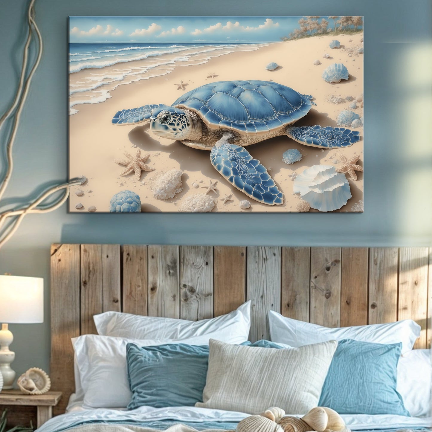 3D Coastal Wall Art canvas features blue sea turtle on sandy beach with shells Tailored Canvases on Tampa Home & Garden Store