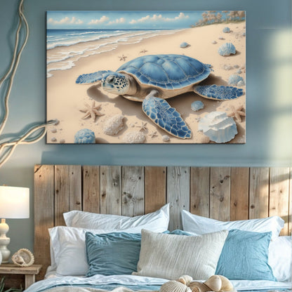 3D Coastal Wall Art canvas features blue sea turtle on sandy beach with shells Tailored Canvases on Tampa Home & Garden Store