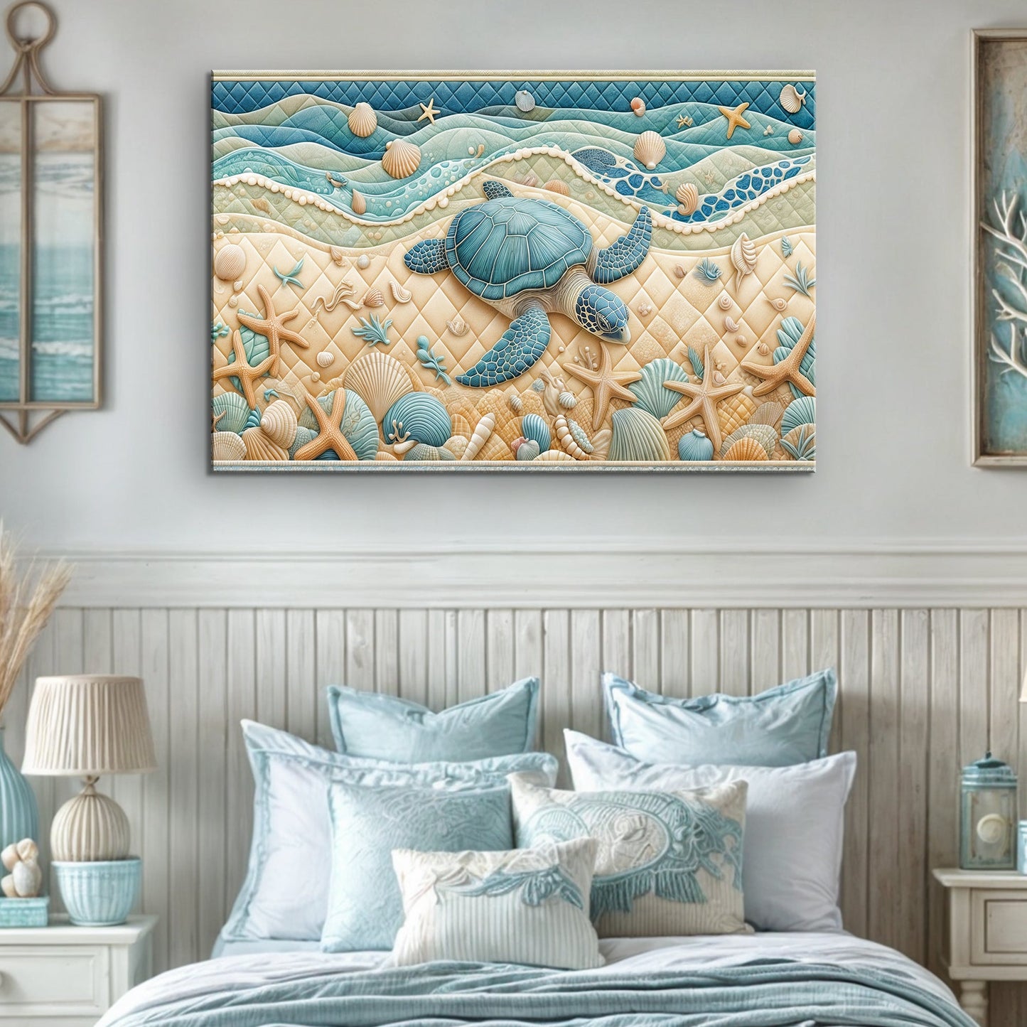 3D Coastal Wall Art IV canvas by Tailored Canvases in ocean blues with turtle motif on Tampa Home & Garden Store