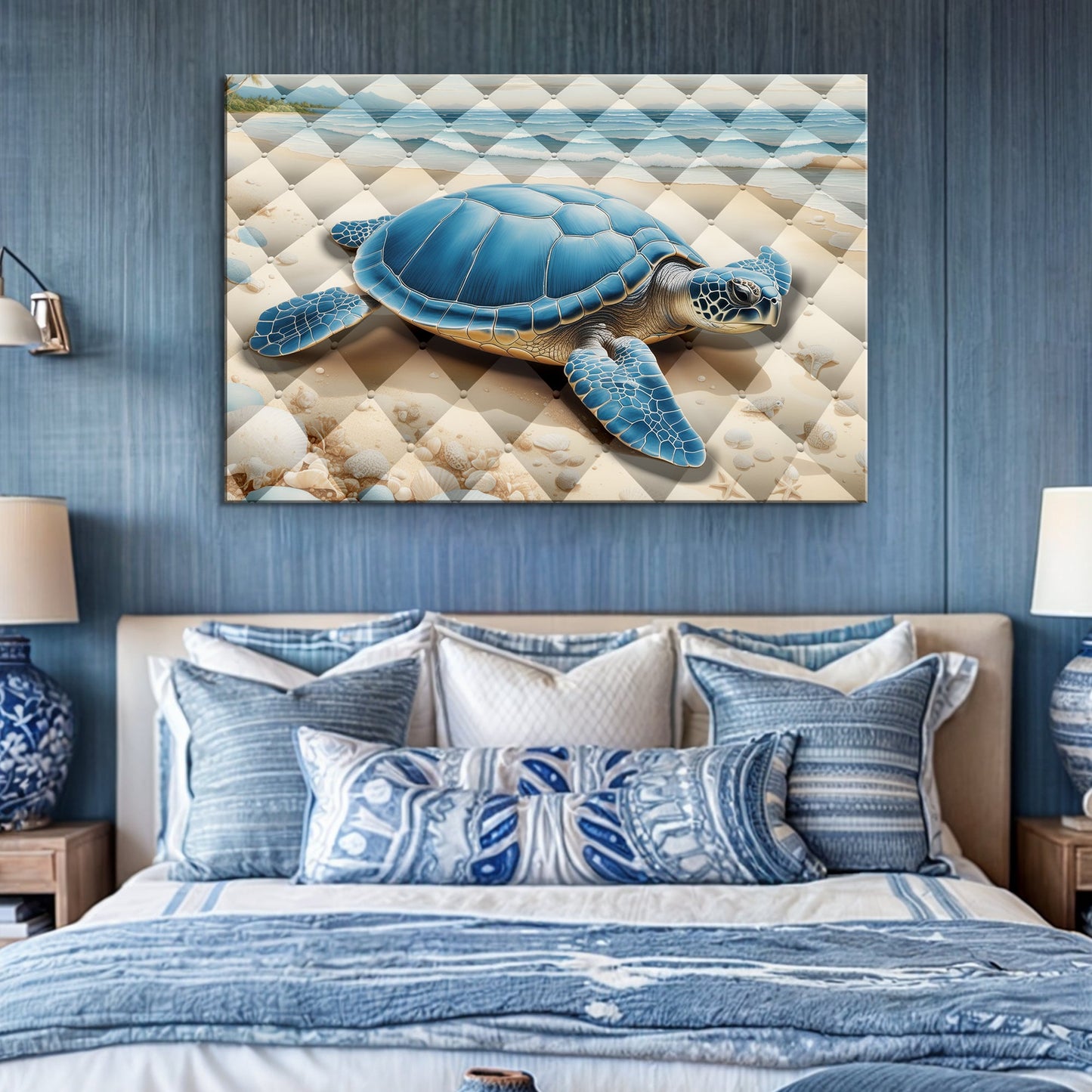 3D Coastal Wall Art V canvas by Tailored Canvases featuring blue turtle on beige beach on Tampa Home & Garden Store