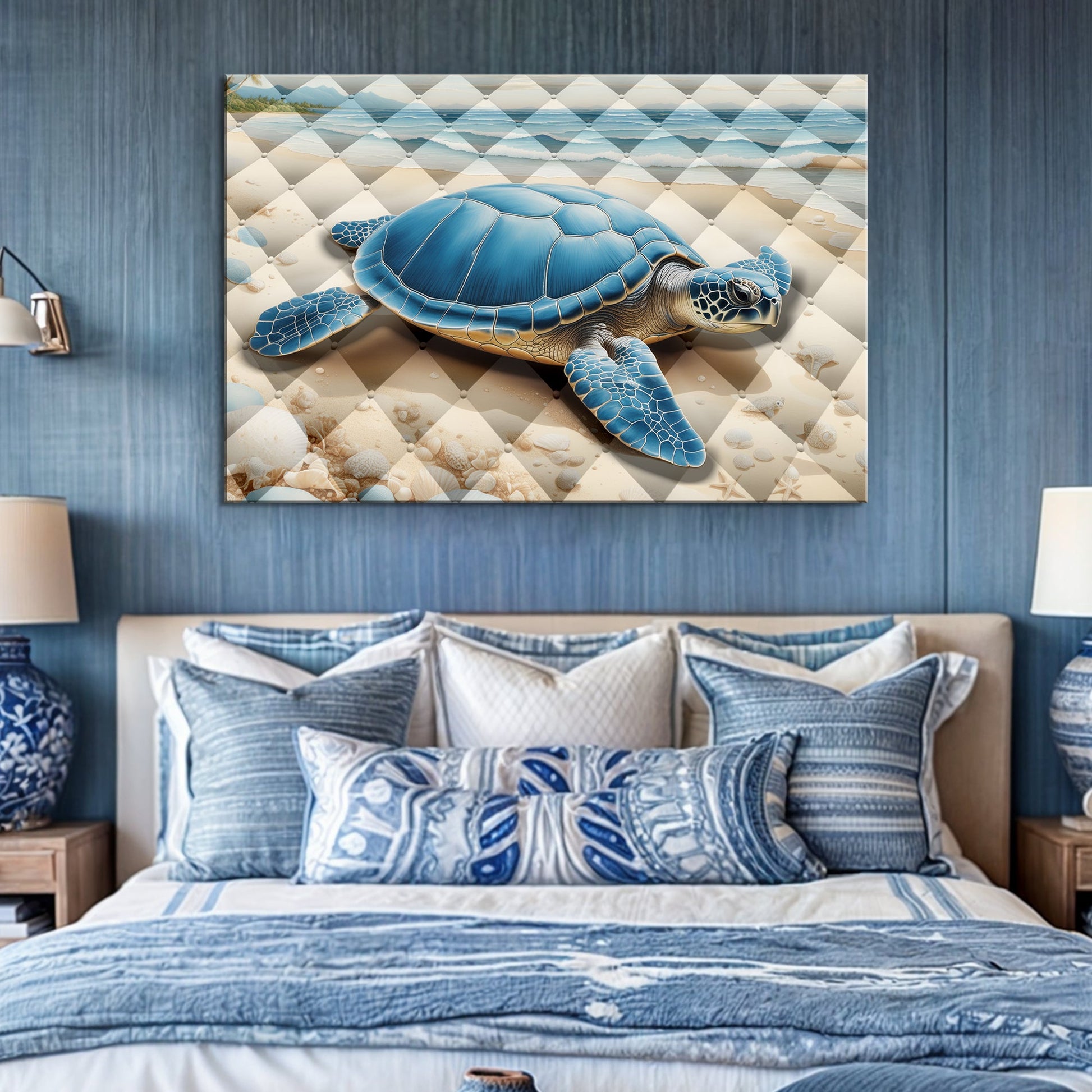 3D Coastal Wall Art V canvas by Tailored Canvases featuring blue turtle on beige beach on Tampa Home & Garden Store