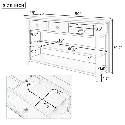 Retro Design Console Table with Two Open Shelves, Pine Solid Wood Frame and Legs for Living Room (Antique White)