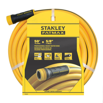 Stanley FatMax yellow 50 ft professional grade water hose with black grip nozzle on Tampa Home & Garden Store