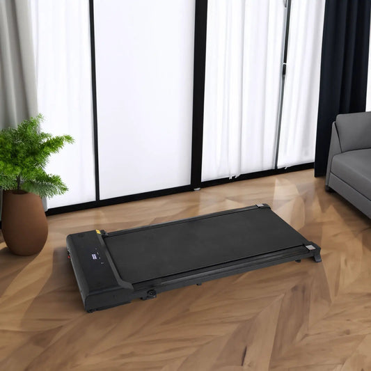 Portable treadmill with remote control, black finish, 240 lb capacity, in a living room on Tampa Home & Garden Store