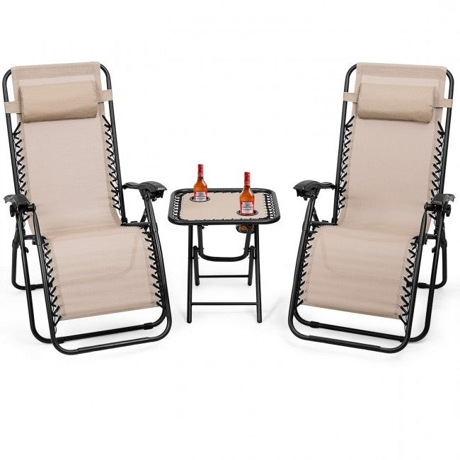 Juego de 3 Sillones Reclinables Plegables Portátiles con Mesa Color Camel