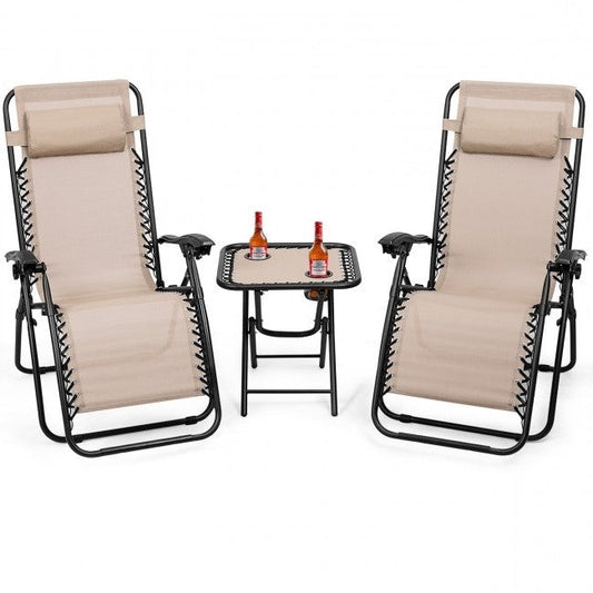 3 Piece Folding Portable Reclining Lounge Chairs Table Set Tan - Tampa Home & Garden Store