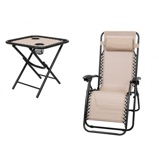 3 Piece Folding Portable Reclining Lounge Chairs Table Set Tan - Tampa Home & Garden Store