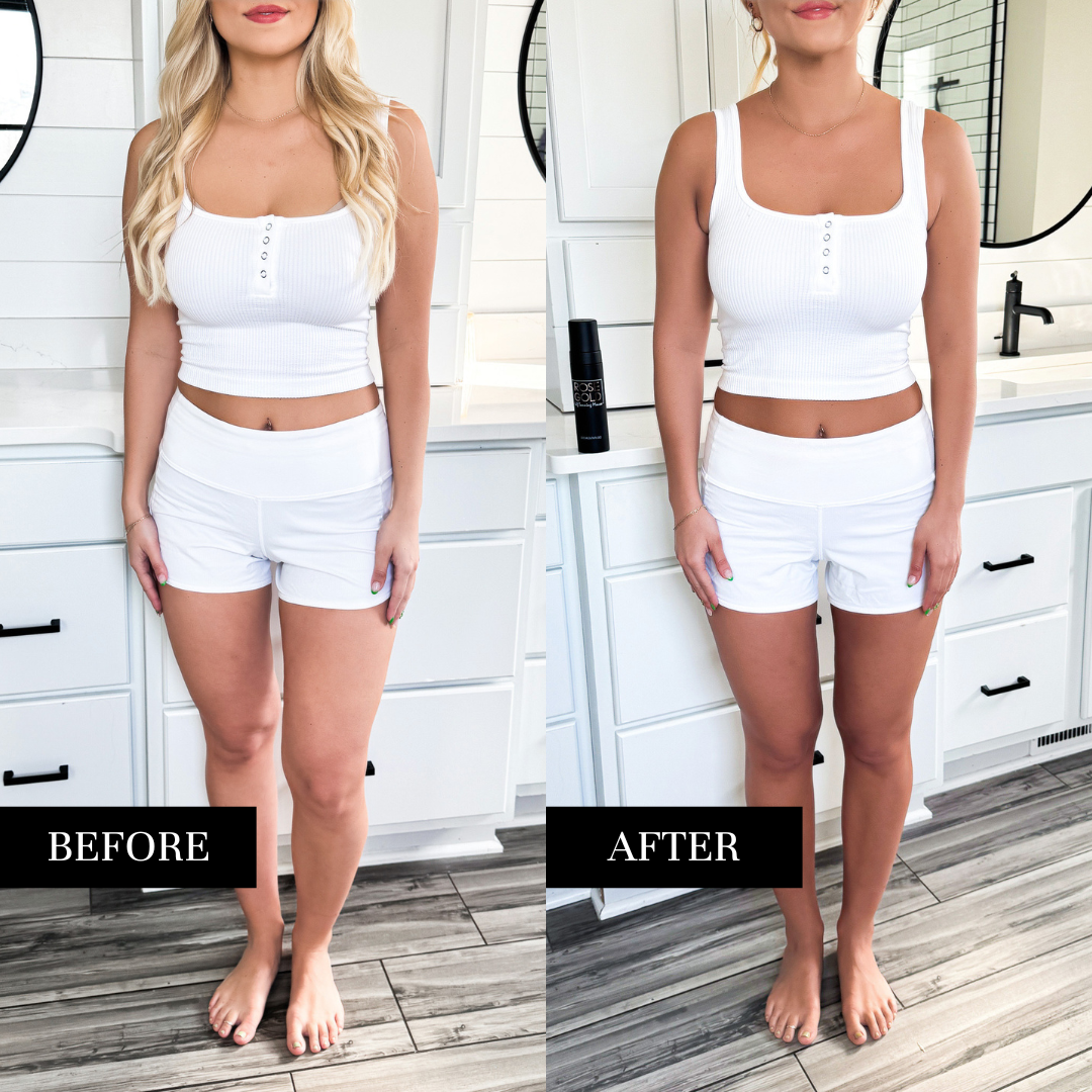 Rapid Rinse Self Tanner mousse in dark bronze whipped foam; Rose Gold Sunless bottle on vanity on Tampa Home & Garden Store