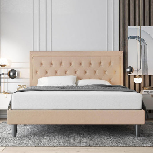 Full size Beige Linen Platform Bed Frame with Button Tufted Headboard - Tampa Home & Garden Store