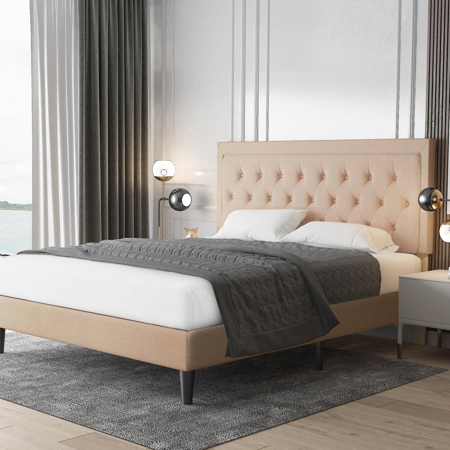 Base de cama tamaño matrimonial de lino beige con cabecero capitoné