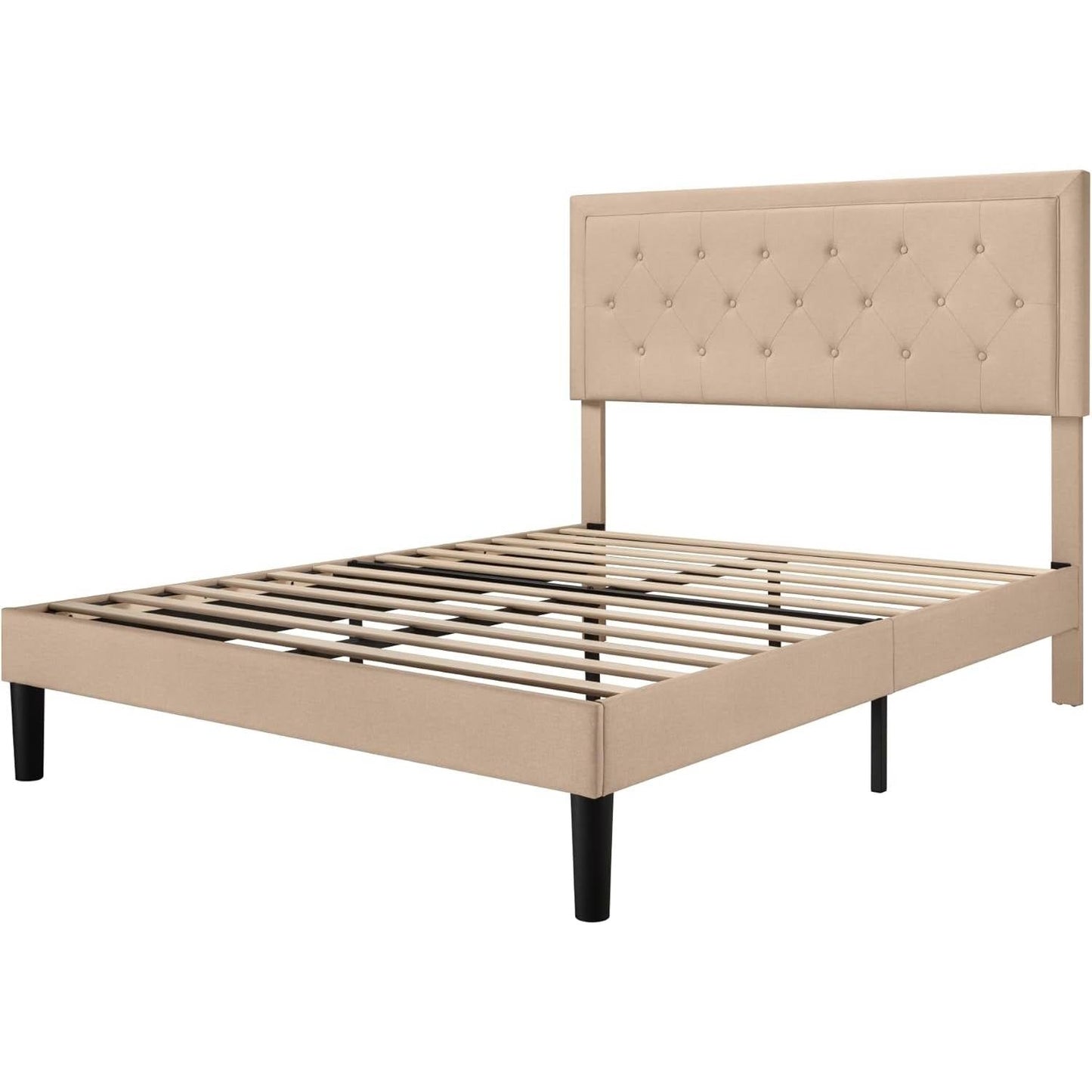 Base de cama tamaño matrimonial de lino beige con cabecero capitoné