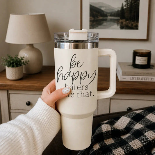 Be Happy 40oz travel tumbler by Gia Roma, cream mug with black script and clear lid on Tampa Home & Garden Store