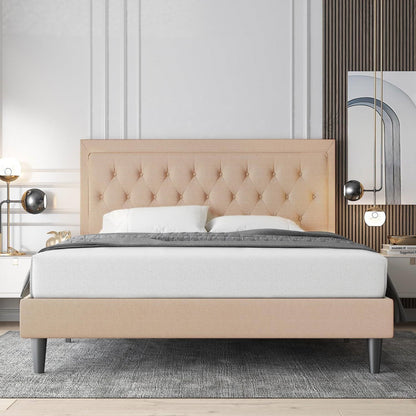 Base de cama tipo plataforma King size de lino beige con cabecera capitoné