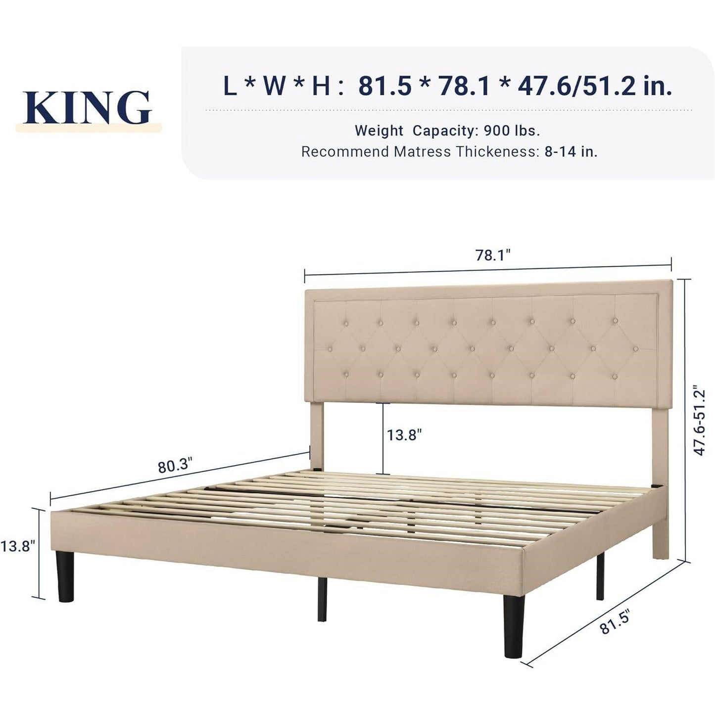 Base de cama tipo plataforma King size de lino beige con cabecera capitoné
