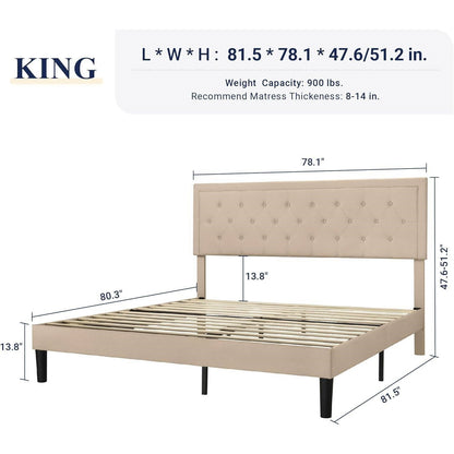 Base de cama tipo plataforma King size de lino beige con cabecera capitoné