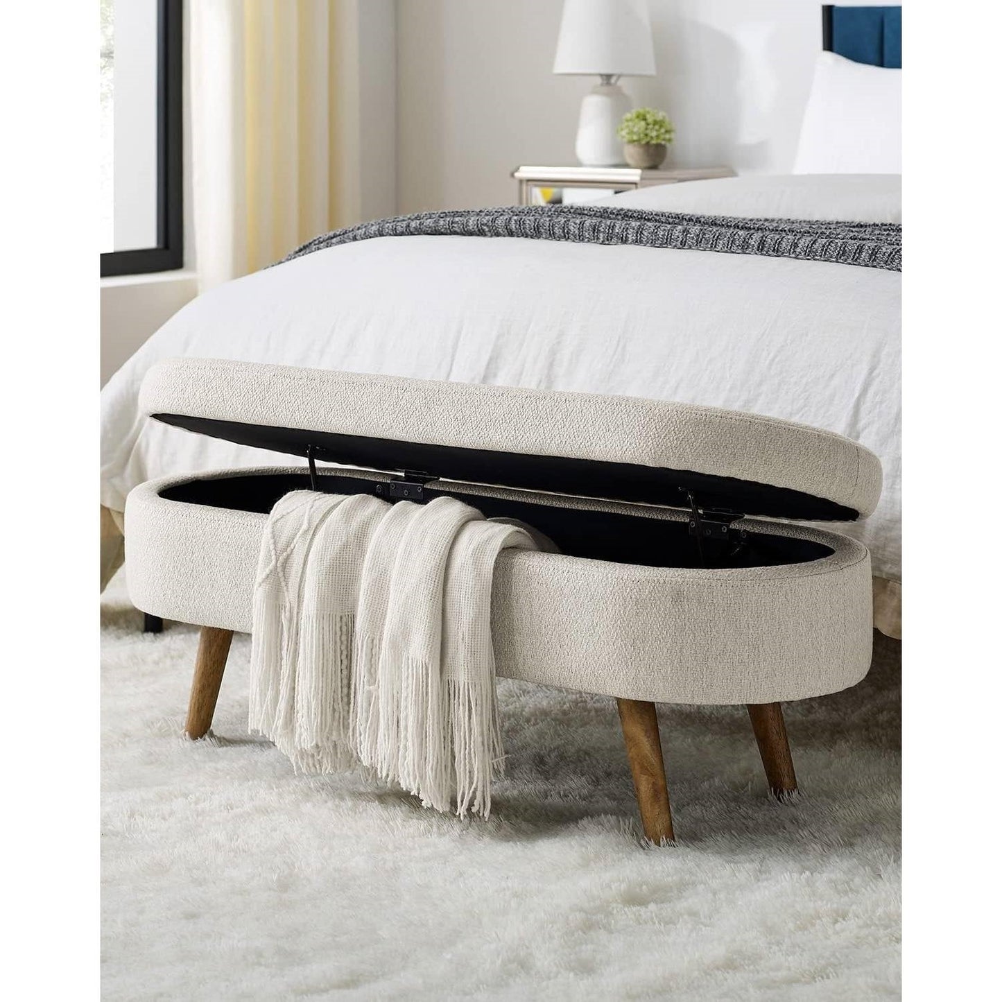 Banco de almacenamiento de cama de dormitorio de lino blanco roto beige, estilo boho moderno de mediados de siglo