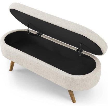 Banco de almacenamiento de cama de dormitorio de lino blanco roto beige, estilo boho moderno de mediados de siglo