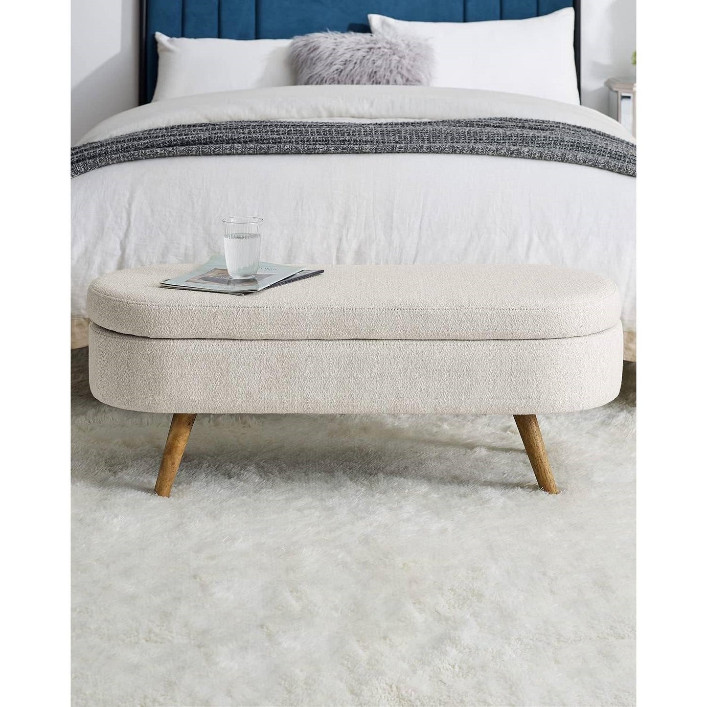 Banco de almacenamiento de cama de dormitorio de lino blanco roto beige, estilo boho moderno de mediados de siglo