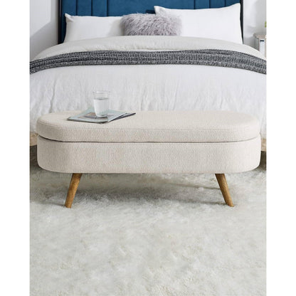 Banco de almacenamiento de cama de dormitorio de lino blanco roto beige, estilo boho moderno de mediados de siglo