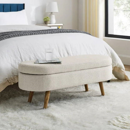 Banco de almacenamiento de cama de dormitorio de lino blanco roto beige, estilo boho moderno de mediados de siglo