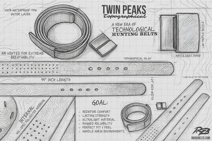 Lightweight Ridge Belt blueprint sketch with coiled strap and Ridge Belts logo on Tampa Home & Garden Store