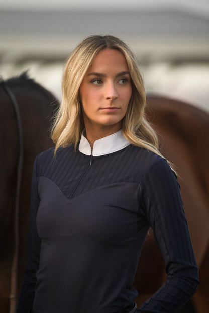 LOLLY Show Shirt - Long Sleeve navy riding top with white collar on Tampa Home & Garden Store