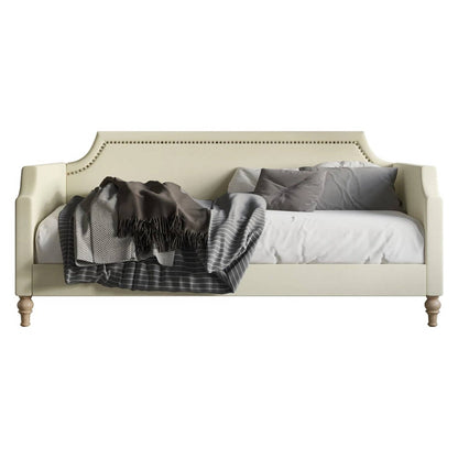 Sofá cama tapizado en tela de poliéster beige crema tamaño twin con ribete de tachuelas