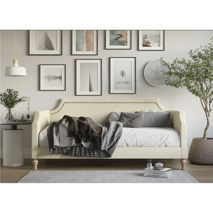 Sofá cama tapizado en tela de poliéster beige crema tamaño twin con ribete de tachuelas
