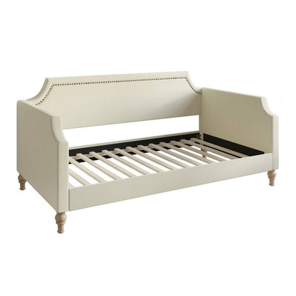 Sofá cama tapizado en tela de poliéster beige crema tamaño twin con ribete de tachuelas